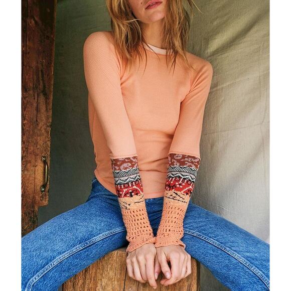 Free People Orange waffle knit sweater Knit cuff thermal - Picture 1 of 3